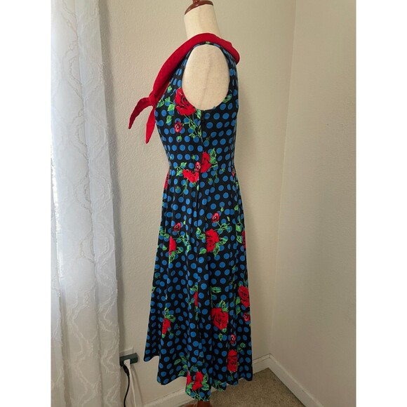 Hearts & Roses Rockabilly Dress Size 8 Blue Polka Dot Rose Print Retro Pinup - Picture 3 of 8